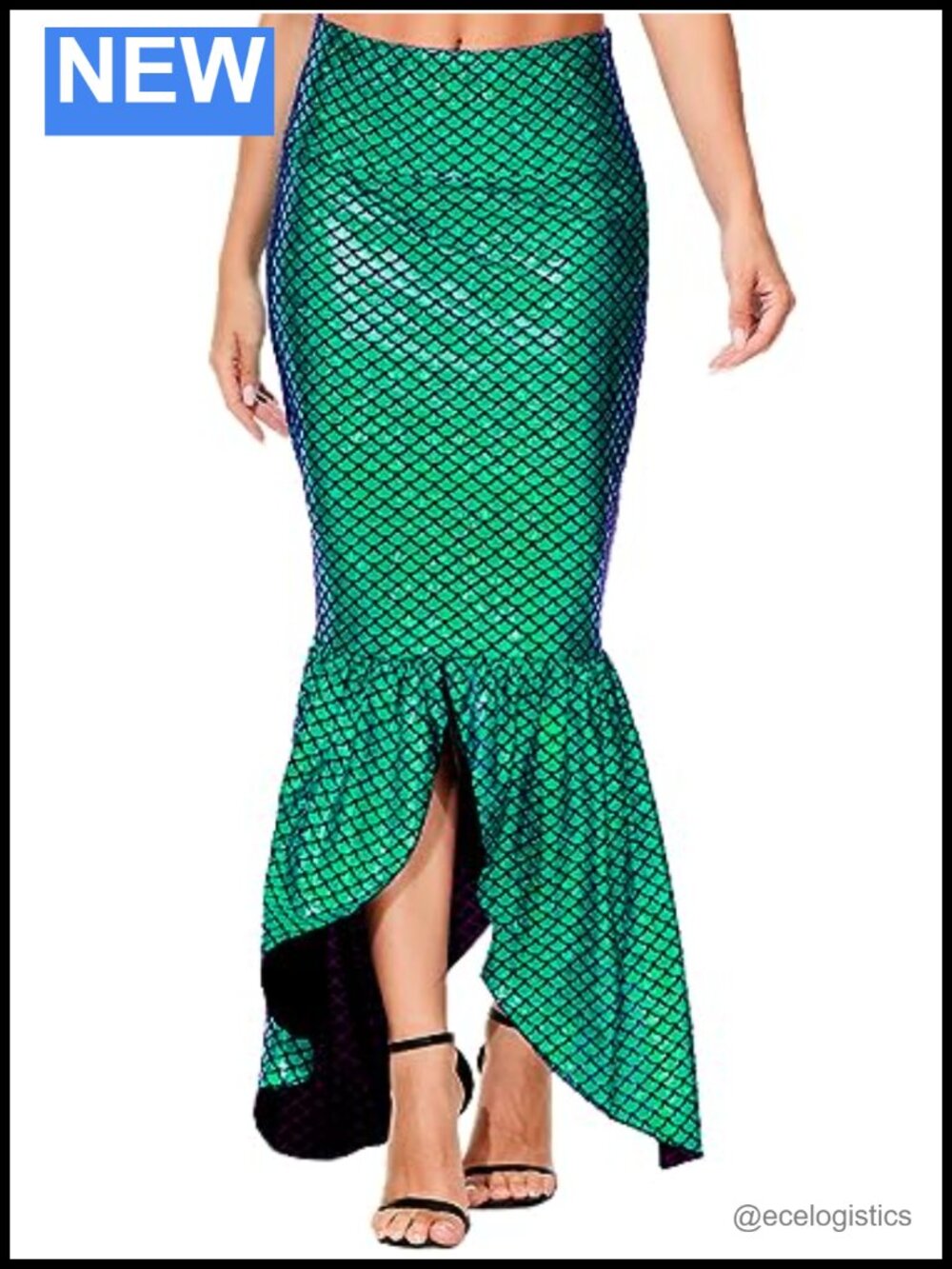 Women Mermaid Costume Skirt Shiny Maxi Fishtail Halloween Cosplay, High Waist
